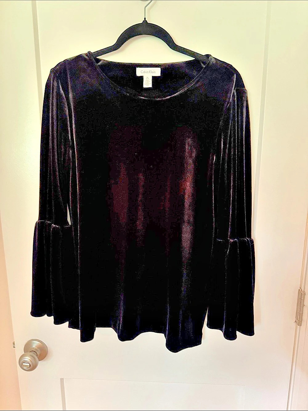 Calvin Klein Black Velvet Bell Sleeve Top Long Sleeve Blouse Like